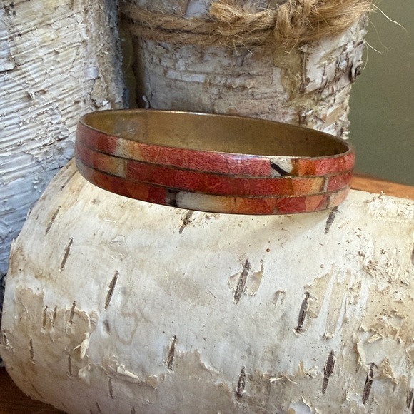 Brass and Orange Stone Bangle Bracelet Stone Inlay - Picture 4 of 5